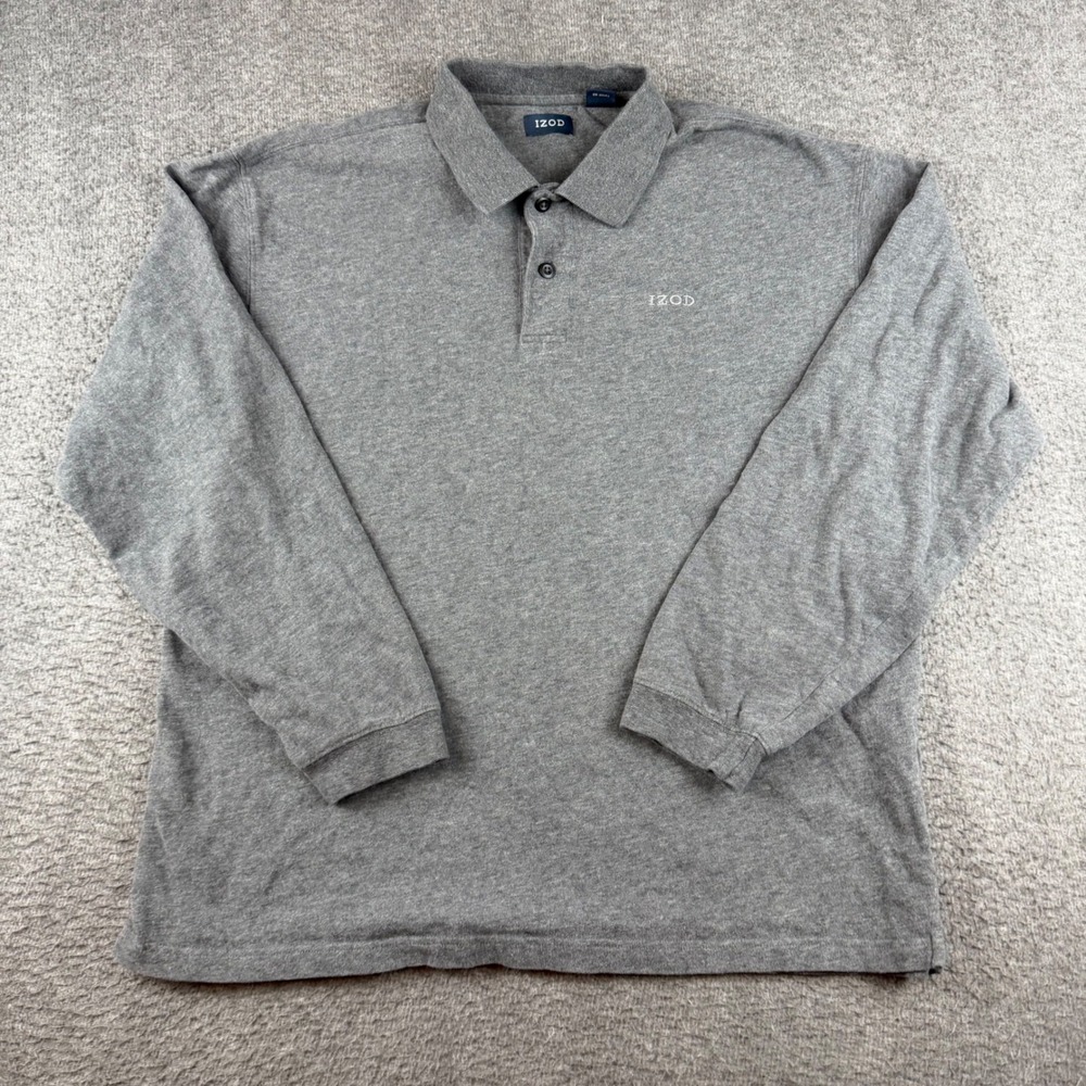 IZOD Polo Shirt Men's Medium Gray Long Sleeve Cotton Embroidered Logo
